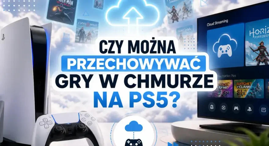 Konsola PS5, kontroler i ekran z grami w chmurze. Czy gry na PS4 działają na PS5? Sprawdź, jak przechowywać gry w chmurze na PS5.