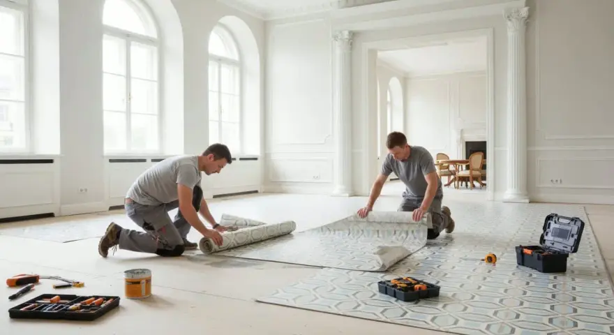 Due operai impegnati nella posa linoleum in un elegante salone con grandi finestre.