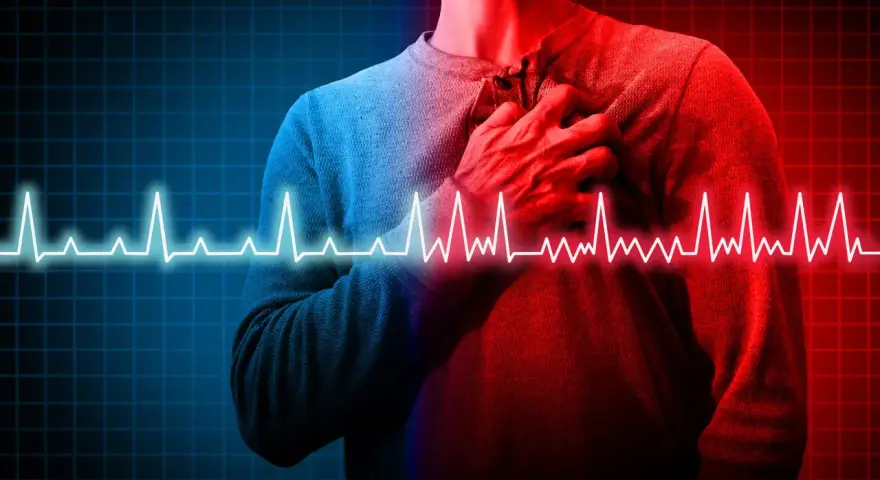 Mann mit Hand auf der Brust, EKG-Linie. Die Frage "Herzinfarkt wie lange bis zum Tod" wird visuell dargestellt.