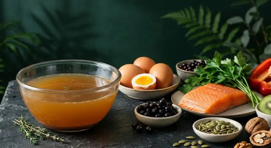 Bulion, łosoś, jajka, jagody, papryka, kiwi, orzechy i pestki dyni – to produkty, w czym jest kolagen.