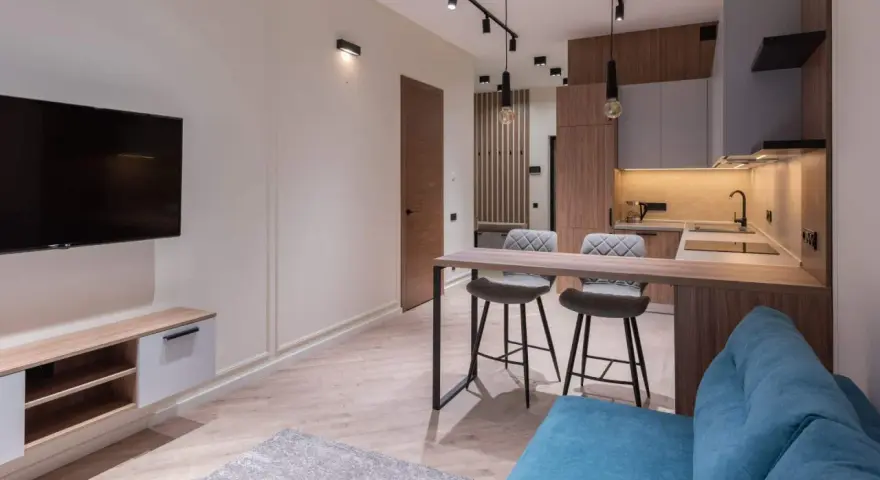 Un studio étudiant moderne avec coin cuisine, bar et salon. Idéal pour un deco studio etudiant fonctionnel et stylé.