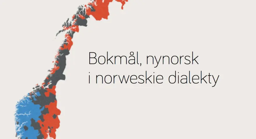 Mapa Norwegii z zaznaczonymi obszarami używania bokmål, nynorsk i norweskich dialektów.