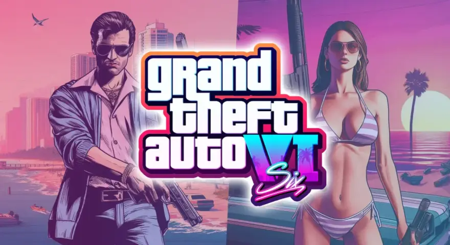 El logo de Grand Theft Auto VI con un hombre armado y una mujer en bikini. ¡Todos preguntan: que dia sale el GTA 6!