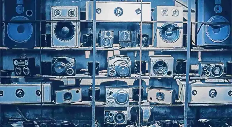 Regale voller Lautsprecher, die an die lofi bedeutung von entspannter Musik erinnern.