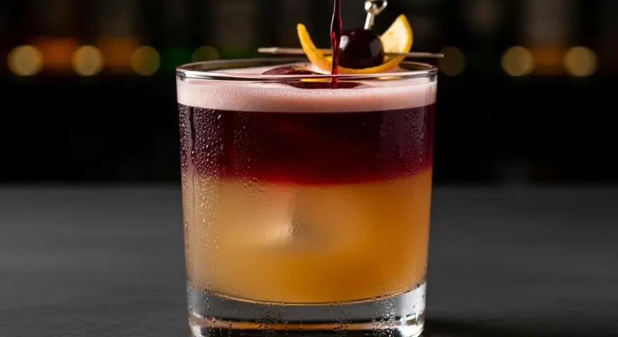 En vackert lagerdelad New York Sour med en körsbärs- och apelsinskalgarnering.