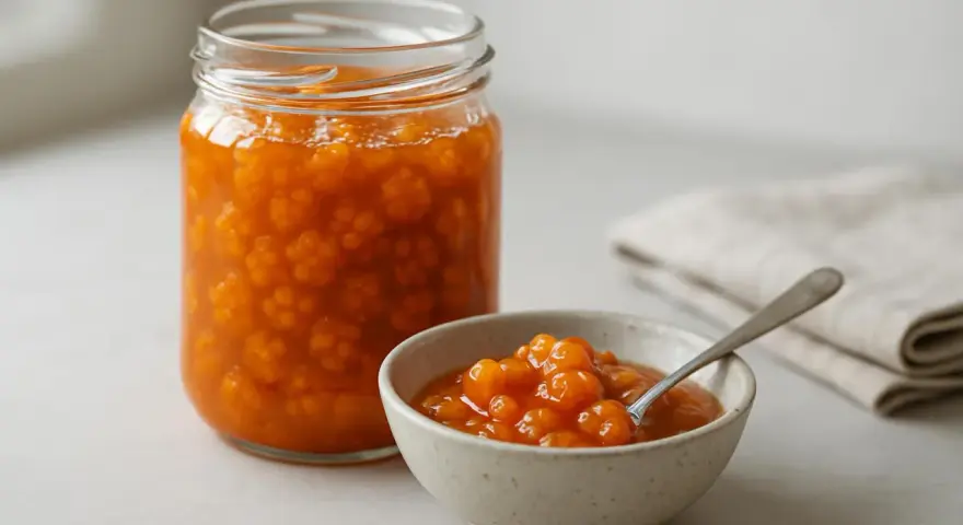 En burk och en skål med gyllene hjortronsylt. Perfekt för ditt hjortronsylt recept.