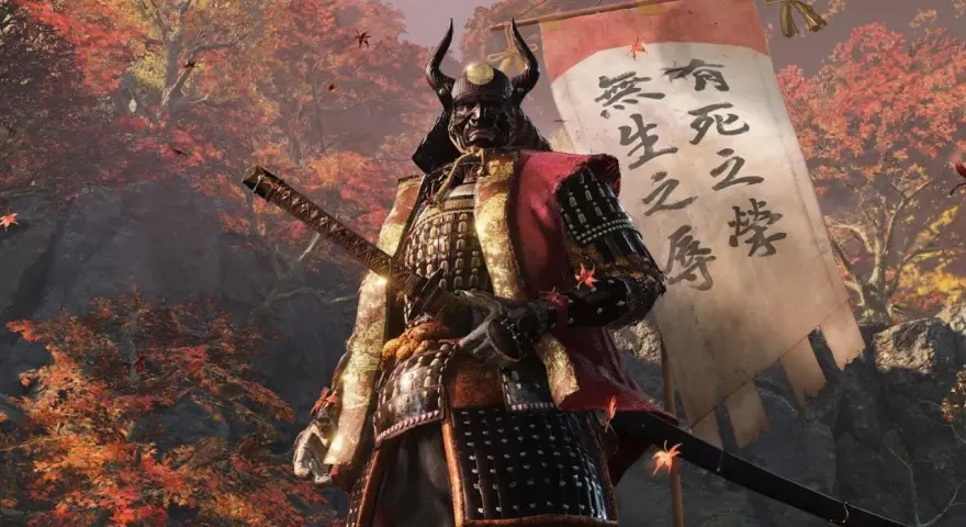 Guerrero samurái con armadura y katana, listo para la batalla. El espíritu de Sekiro no defeat se siente en el aire otoñal.
