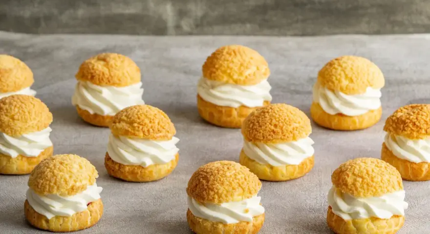 Douze petits choux pâtisseries garnis d'une crème onctueuse, prêts à être dégustés.