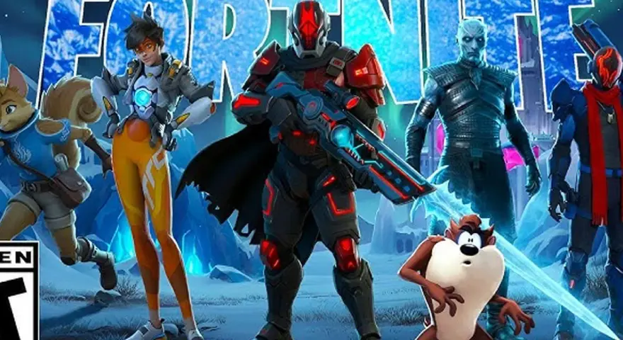 Postacie z Fortnite, w tym Tracer i Diabeł Tasmański, gotowe na nowy sezon.
