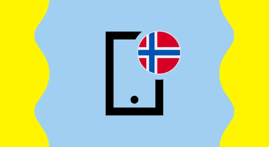 Ikona telefonu z flagą Norwegii na jasnoniebieskim tle z falistymi żółtymi bokami.