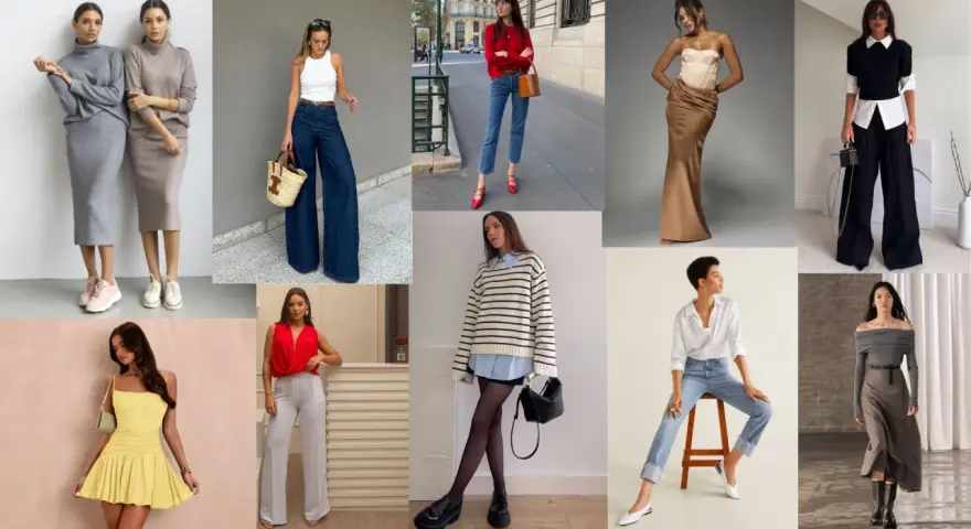Collage di outfit semplici ma eleganti: abiti lunghi, pantaloni a palazzo, gonne midi e top chic.