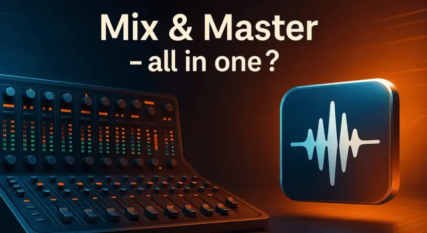 Ein Mischpult und ein Icon mit einer Schallwelle. Die Frage: Mix & Master – alles in einem?