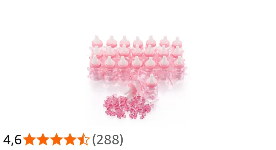 En stor godisask med många små rosa nappflaskor dekorerade med rosetter och små nappar.