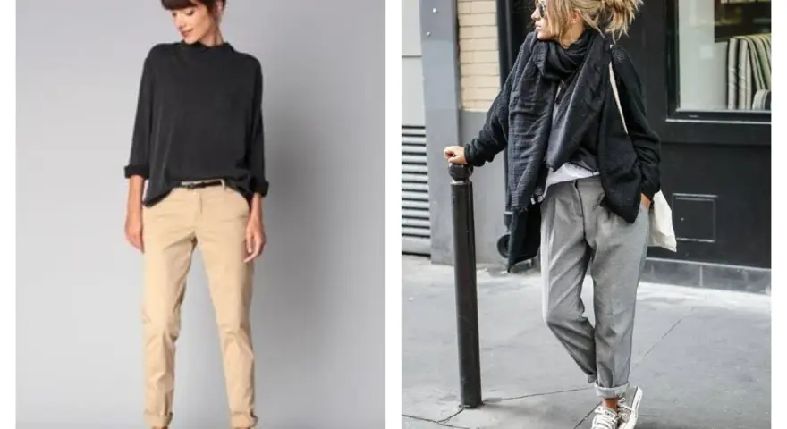 Deux looks pour savoir quelles chaussures avec un chino femme : des derbies noires avec un chino beige, ou des baskets avec un chino gris.