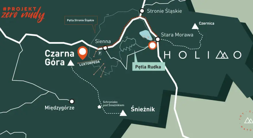 Mapa szlaku #PROJEKT zero nudy. Czarna Góra, Międzygórze, Śnieżnik, Stronie Śląskie.