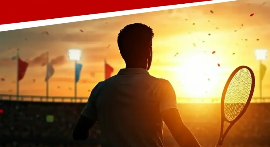 Un tenista con raqueta en mano, silueta contra el atardecer. La pregunta "¿A qué hora juega Djokovic?" flota en el aire.