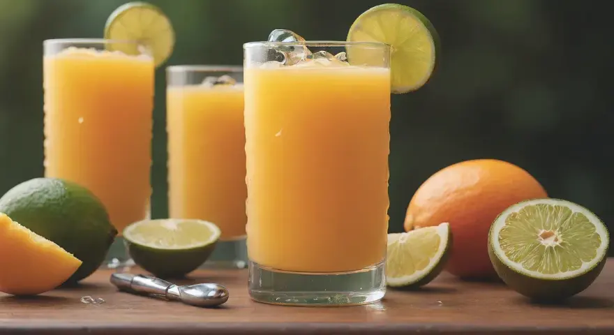 Orzeźwiający drink z marakują kontra drink z mango. Orzeźwiające napoje z owocami cytrusowymi i lodem.