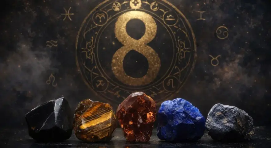 Pięć kryształów przed złotym znakiem nieskończoności i zodiaku. Numerologiczna 8 symbolizuje moc i równowagę.