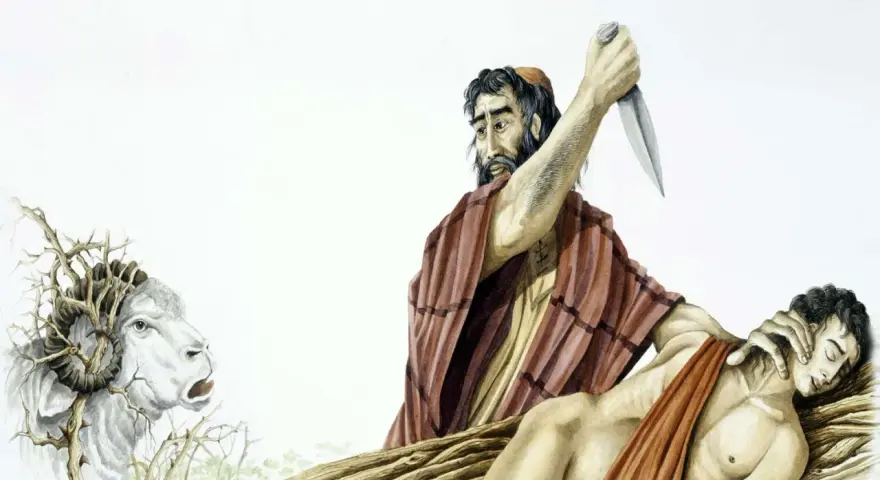 Abraham, a key figure in the Bible, is shown about to sacrifice his son Isaac. A ram caught in thorns is nearby.