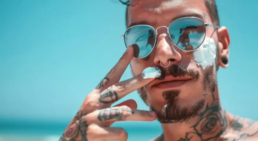 Mężczyzna z tatuażami i monroe piercingiem nakłada krem z filtrem na twarz, odbijając się w okularach.