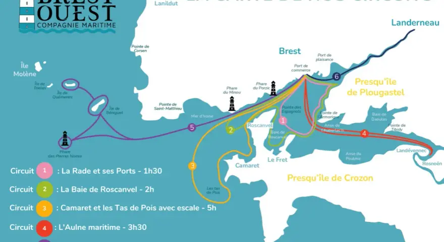 Carte des circuits maritimes de Brest Ouest. Une promenade bord de mer à Brest révèle 6 parcours, de la rade à la presqu'île de Crozon.
