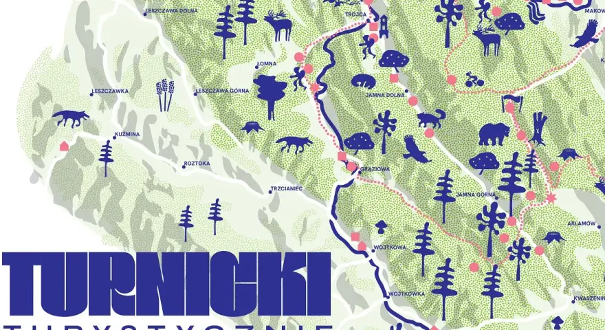 Mapa turystyczna **Turnicki Park Narodowy** z zaznaczonymi szlakami, zwierzętami i nazwami miejscowości.