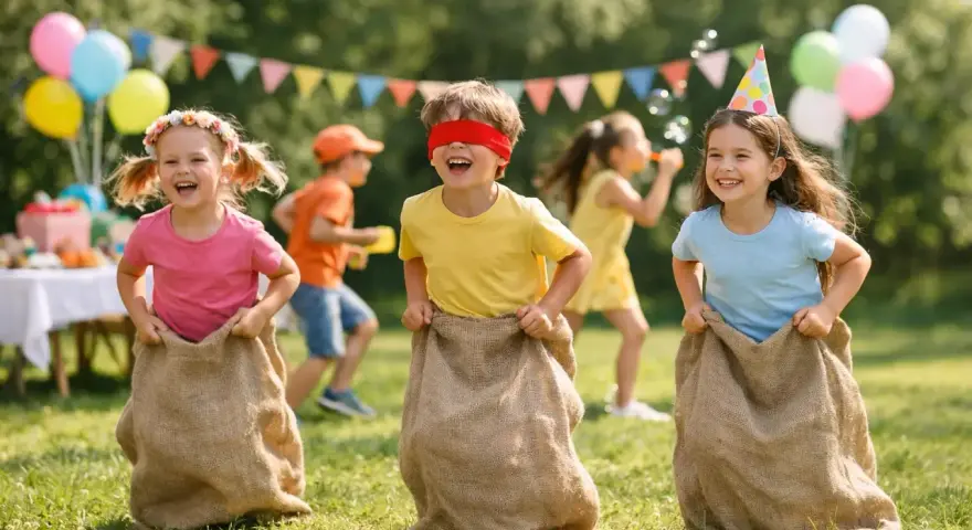 Barn hoppar i säckar under en fest. De skrattar och tävlar, det här är bäst i test lekar!