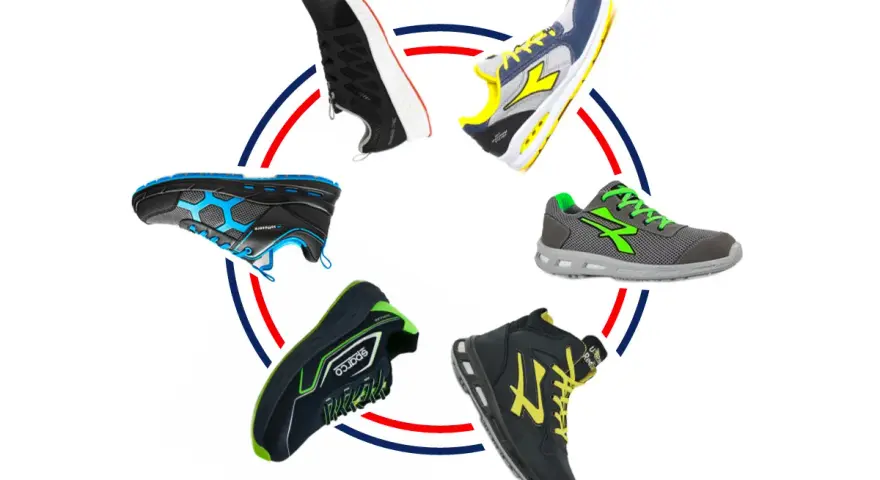 Cinque paia di scarpe sportive con diversi nomi modelli scarpe, disposte a cerchio su sfondo bianco.