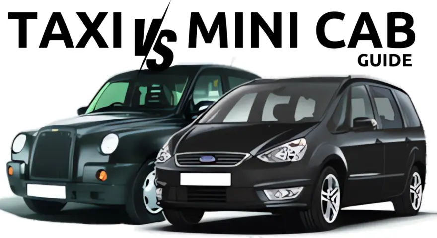 Ein schwarzer Londoner Taxi und ein schwarzer Minivan stehen nebeneinander. Der Text "TAXI VS MINI CAB GUIDE" ist darüber zu lesen.