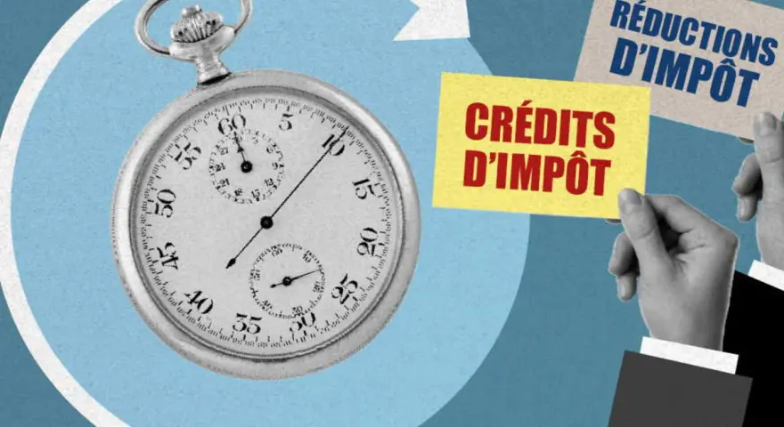 Montre ancienne et cartes "Crédits d'impôt" et "Réductions d'impôt". L'acompte prélèvement à la source, une question de temps.