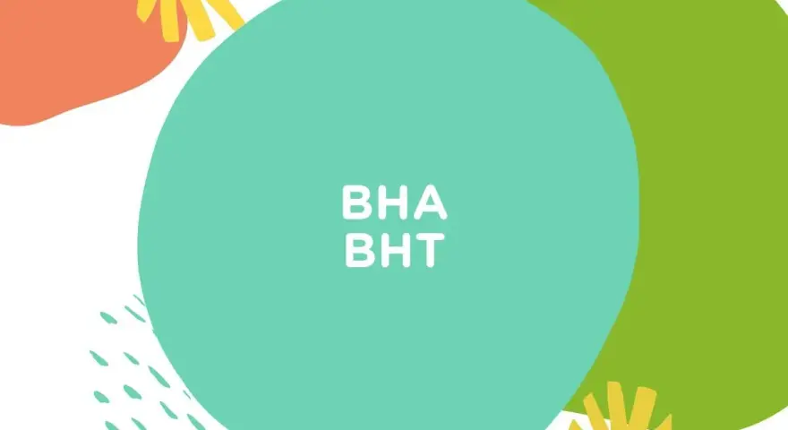 BHA i BHT w kosmetykach. Kolorowe plamy i napisy na białym tle.