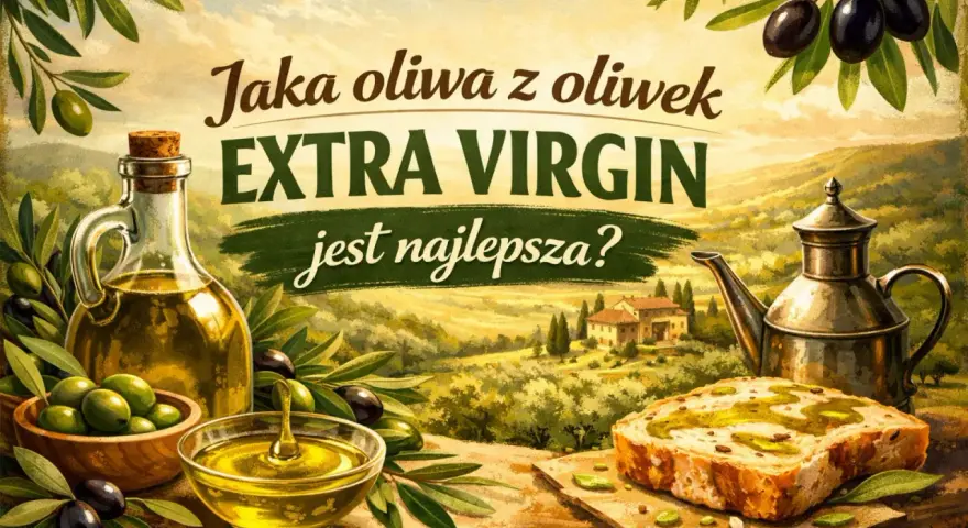 Jaka oliwa z oliwek EXTRA VIRGIN jest najlepsza? Butelka, miseczka i chleb z oliwą na tle śródziemnomorskiego krajobrazu.