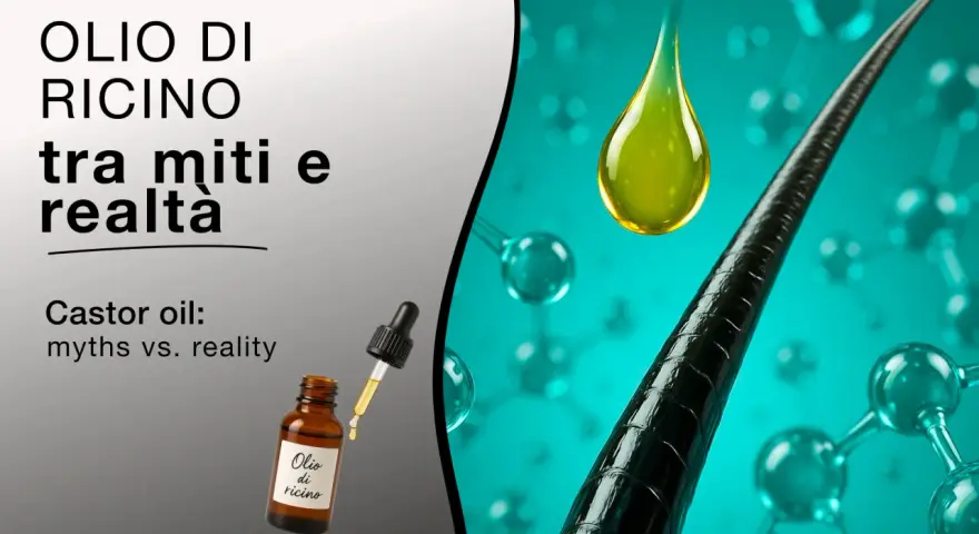 Olio di ricino per ciglia: una goccia dorata su una ciocca di capelli, tra molecole e realtà.
