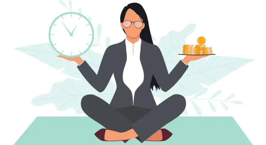 A woman in a suit meditates, balancing a clock in one hand and coins in the other. This illustrates what is self discipline: managing time and resources wisely.