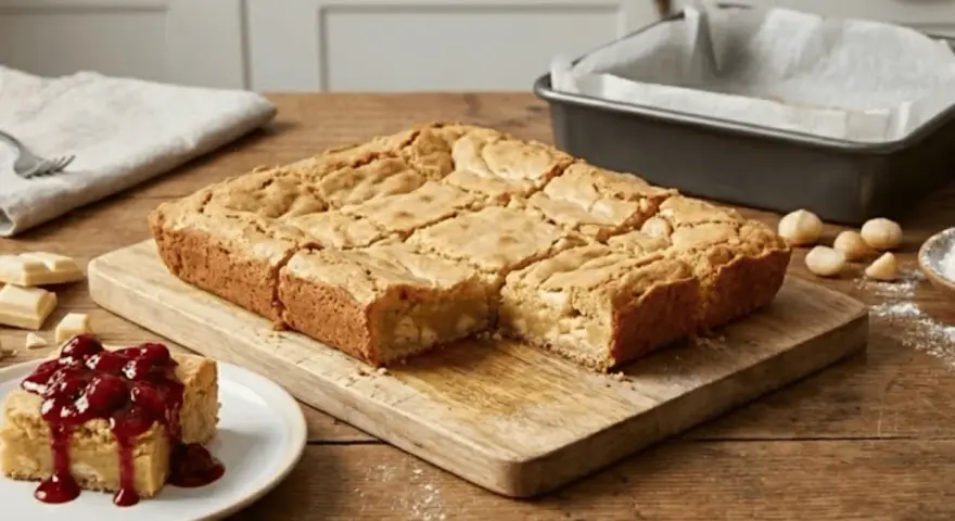 Un delicioso brownie de chocolate blanco, cortado en porciones, con un trozo cubierto de frutos rojos.