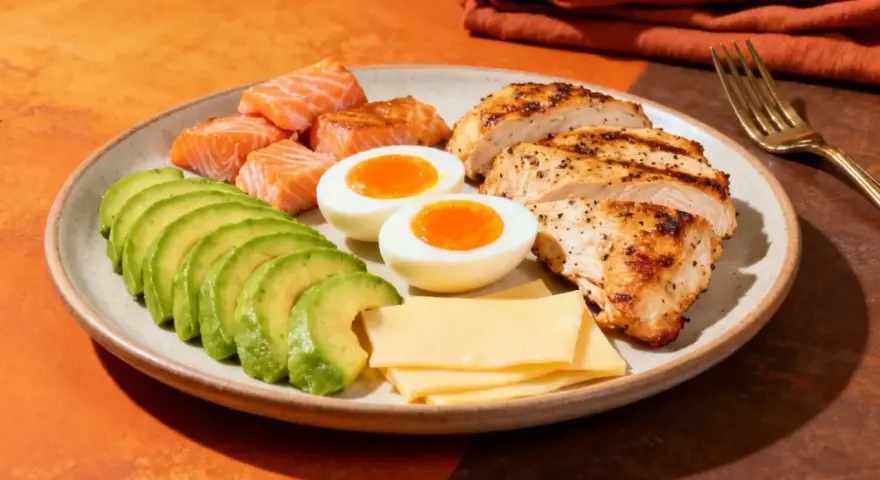 Tanie przepisy keto: grillowany kurczak, łosoś, jajka na miękko, awokado i ser. Zdrowy posiłek na talerzu.