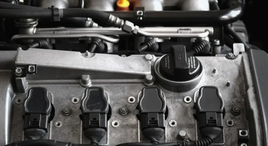 Silnik Volkswagena z widocznymi cewkami zapłonowymi. Błąd DTC P0030 może wskazywać na problem z sondą lambda.