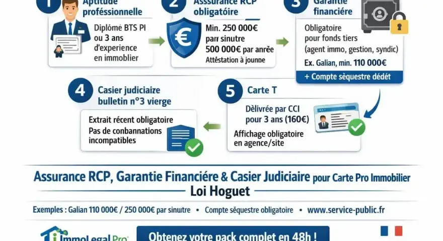 Schéma des 5 étapes pour obtenir le statut d'agent commercial immobilier : aptitude, assurance, garantie, casier judiciaire, carte T.