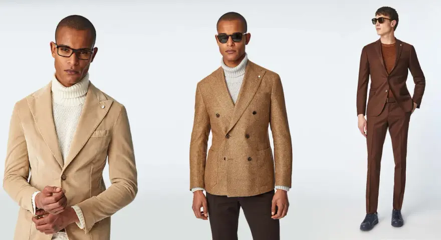 Uomini eleganti con giacche color terra e dolcevita, perfetti per idee outfit sera.