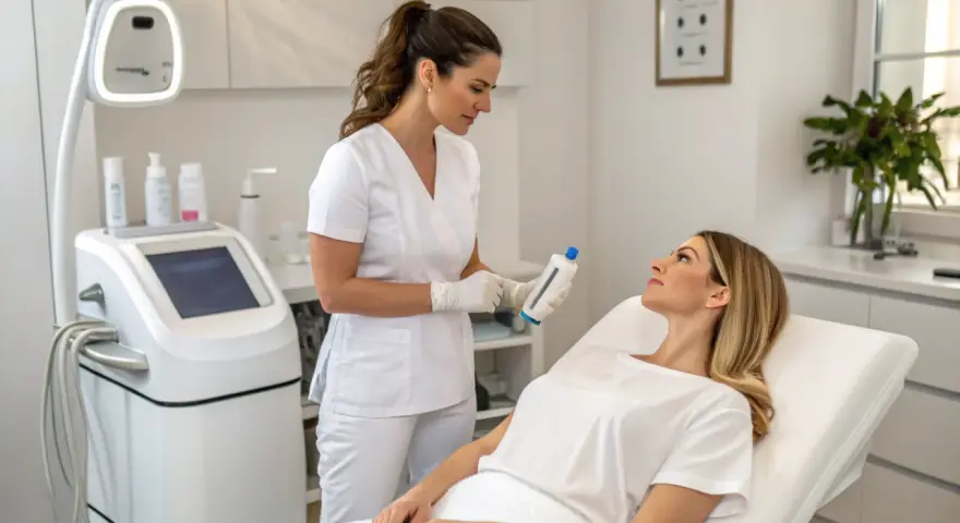 Kosmetolog prezentuje klientce preparat przed zabiegami dermatologicznymi.