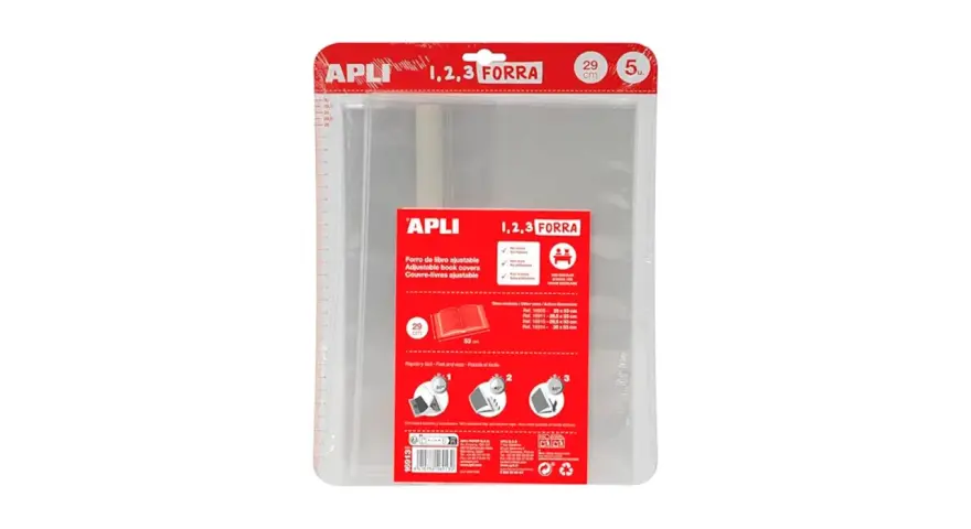 Paquete de 5 fundas transparentes APLI 1,2,3 FORRA para forrar libros de forma rápida y sencilla.
