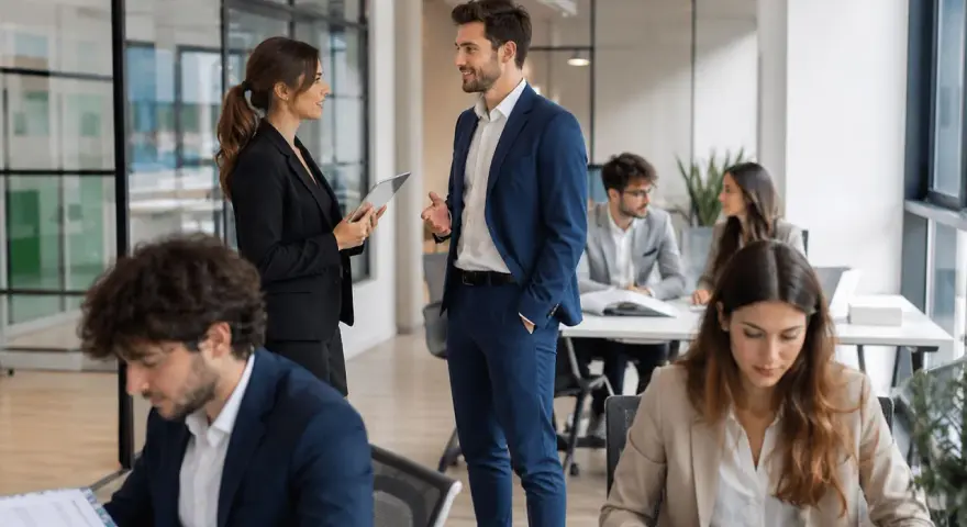 Il responsabile comunicazione discute con una collega in un ufficio moderno. Altri collaboratori lavorano ai loro tavoli.