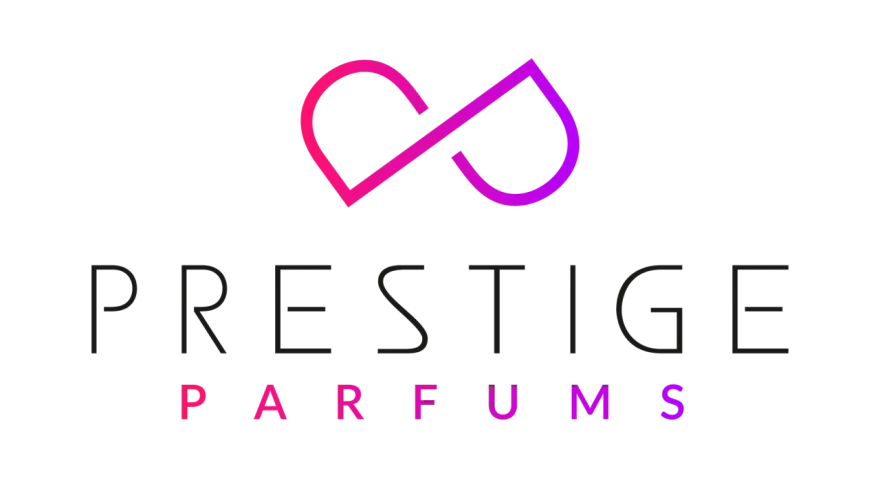 Logo luksusowe marki Prestige Parfums. Symbol nieskończoności w gradientach różu i fioletu nad napisem.