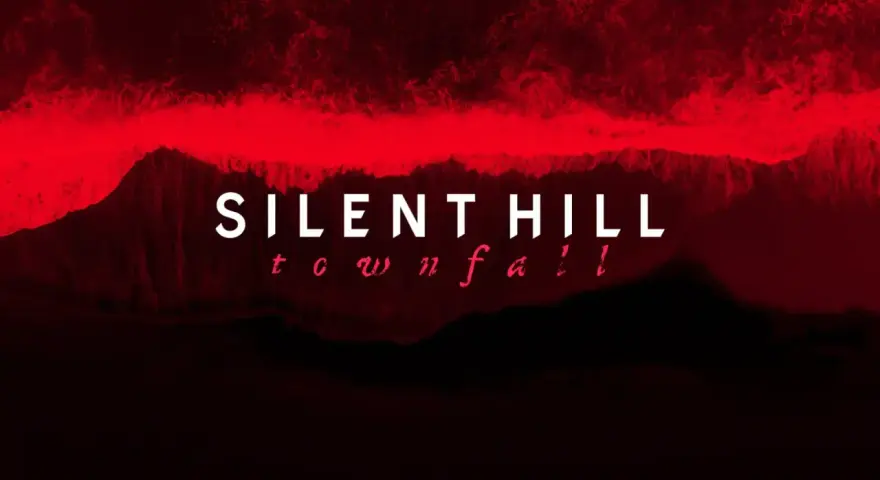 Napisy "SILENT HILL townfall" na tle czerwonych fal i mrocznych gór.