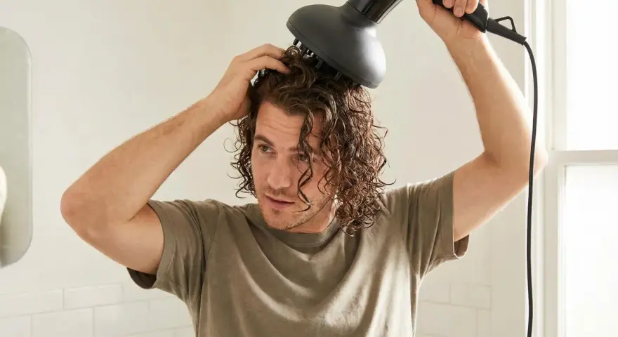Ein junger Mann mit wellen haaren föhnt sich die Locken mit einem Diffusor.