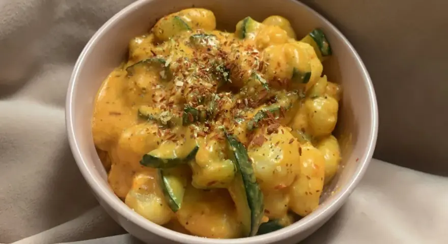 Puszyste gnocchi z cukinią w kremowym sosie, posypane ziołami i płatkami chili. Pyszne gnocchi z pesto w nowej odsłonie.