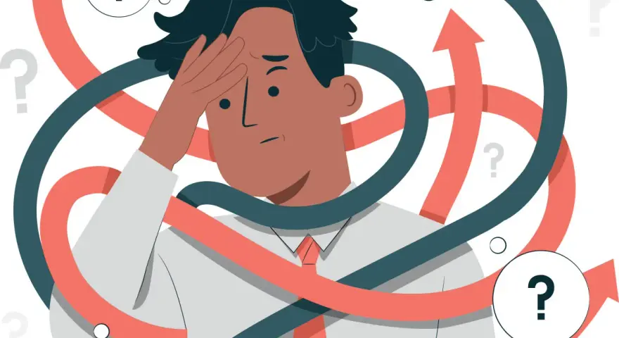 Homme stressé, entouré de flèches et de points d'interrogation, symbolisant la complexité d'une convocation inspection du travail.