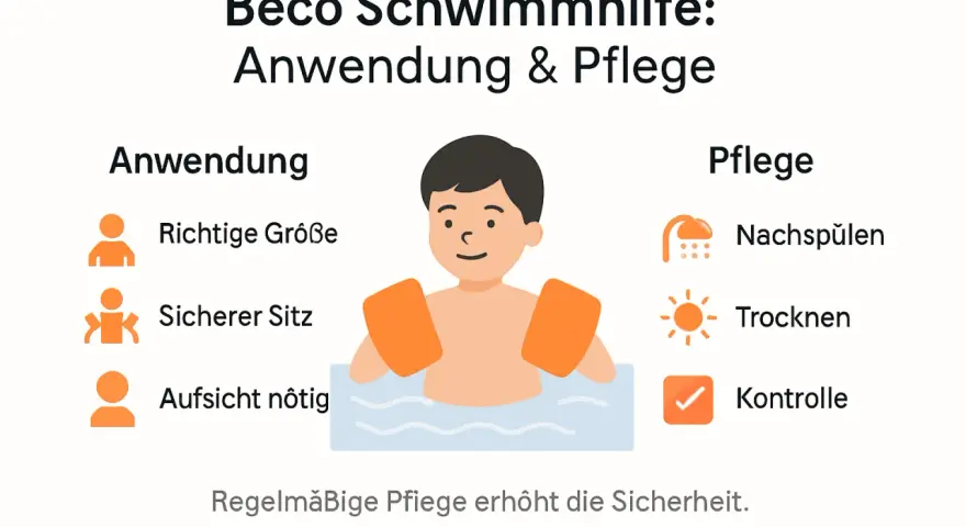 Beco Schwimmhilfe für Kleinkinder: Anwendung & Pflege. Ein Junge mit Schwimmflügeln im Wasser. Tipps für sichere Nutzung und Pflege.