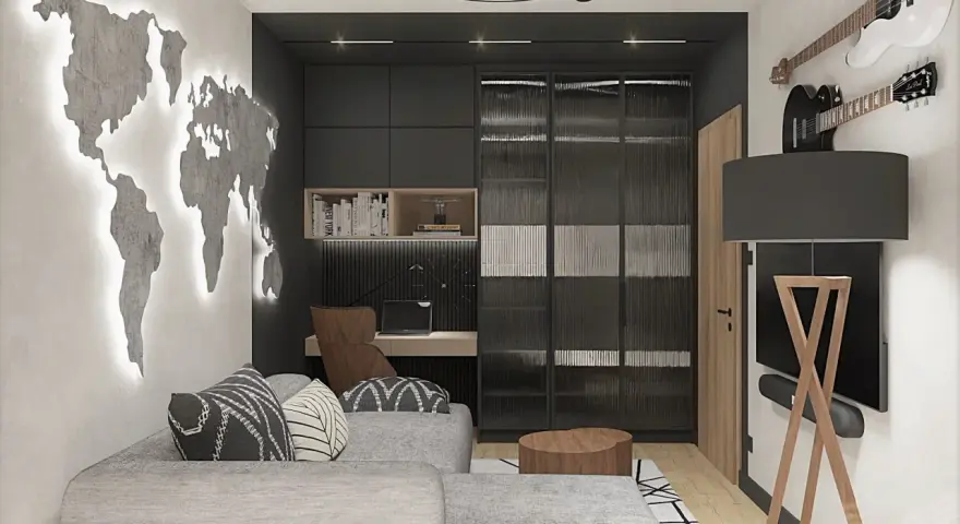 Męski pokój inspiracje: mapa świata na ścianie, gitary, wygodna sofa i biurko. Idealne miejsce dla podróżnika i muzyka.