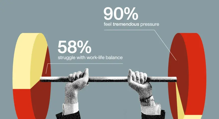 A nonprofit CEO struggles under the weight of immense pressure, with 90% feeling overwhelmed and 58% battling work-life balance.